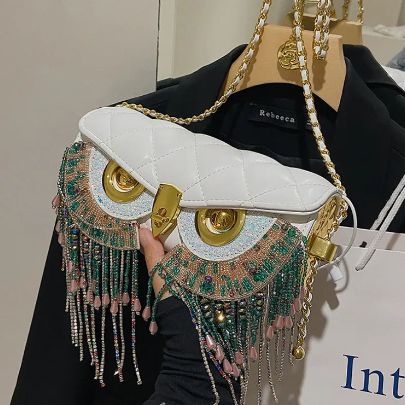 Cute Owl  Crossbody Tassel Bag Leather