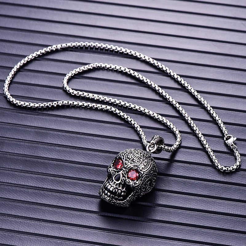 Ruby Eyes Skull Pendant Necklace