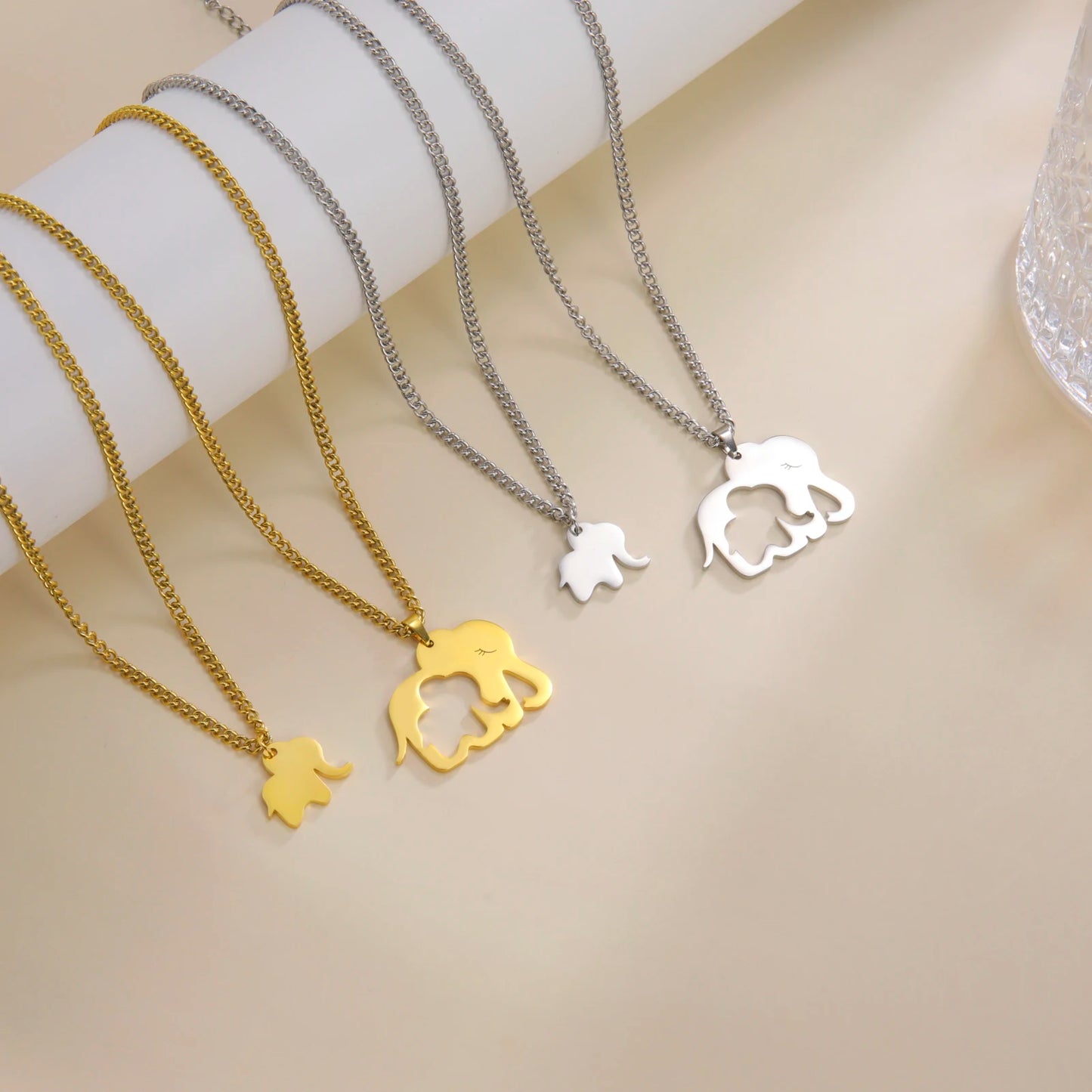 Elephant Family Pendant Stainless Steel Necklace Gold Color