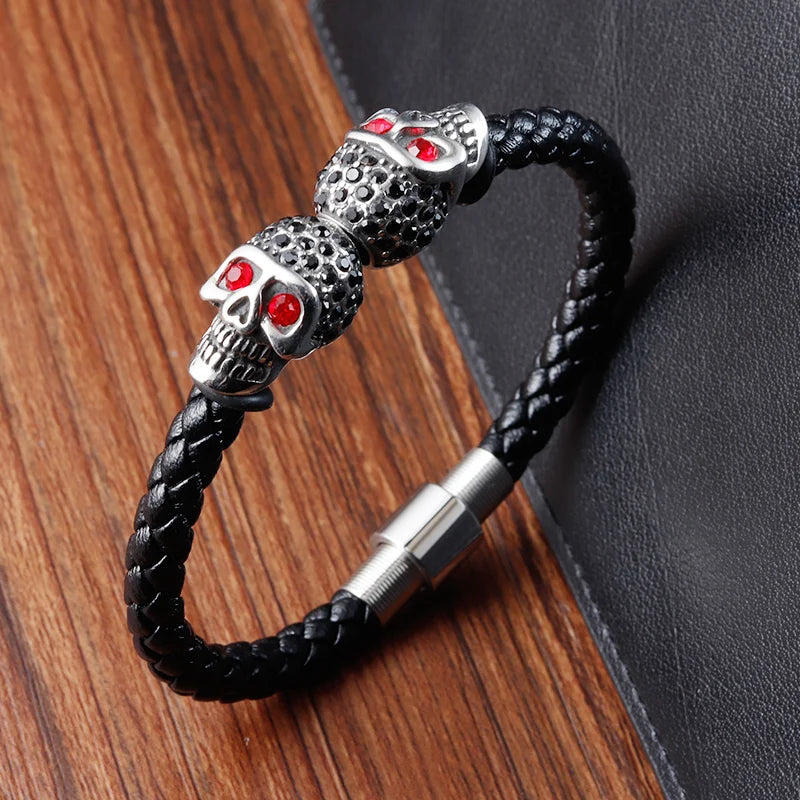 Skull Bracelet Stainless Steel Black Leather