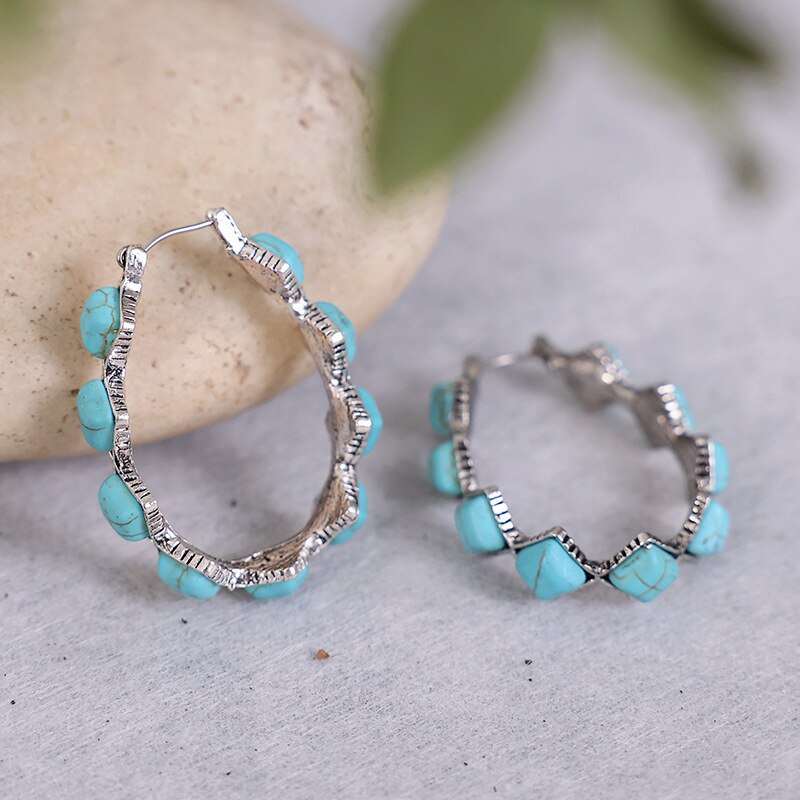 Native Stone Turquoise Hoop Earrings Inlay