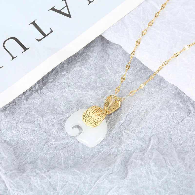 Elephant Pendant 18K Gold Plated Natural Stone Chain Necklace