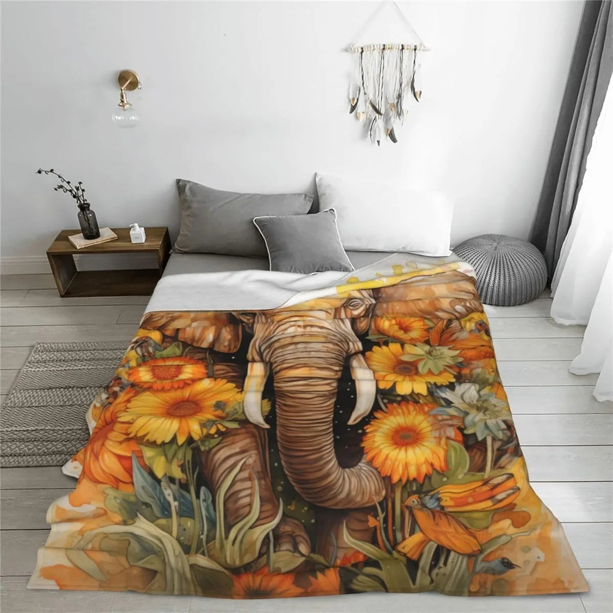 Elephant Sunflower Blanket Sherpa Fleece Flannel Throw