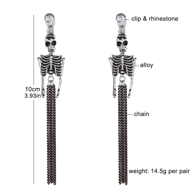 Skull Dangle Clip Earrings Long Exaggerated