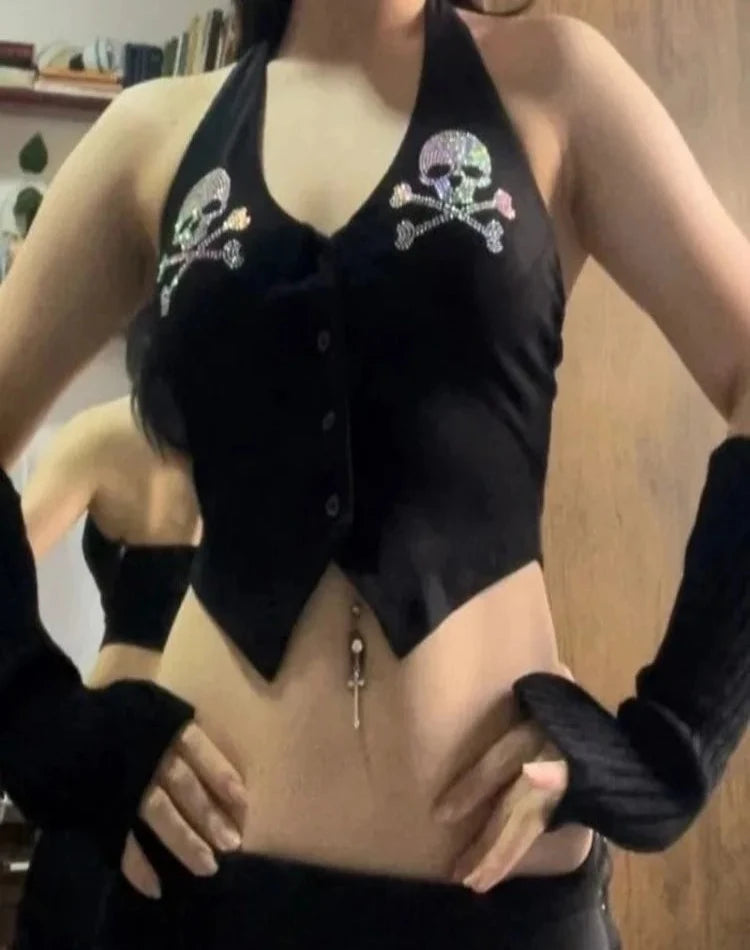 Skull Rhinestone Camisole Halter Tops