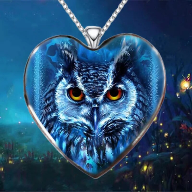 Owl Heart Crystal Pendant Necklace Stainless Steel