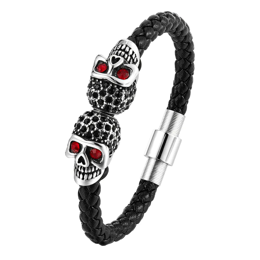 Skull Bracelet Stainless Steel Black Leather