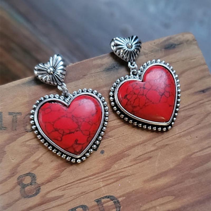 Native Earrings Heart Red Blue Turquoise Colored Stone