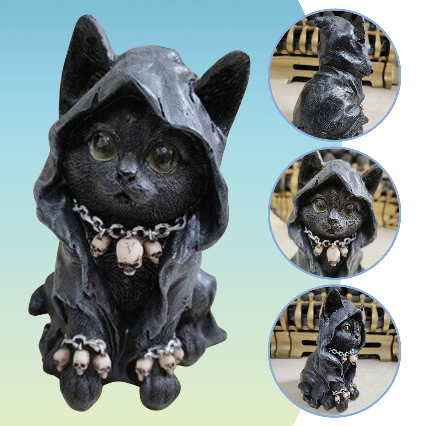 Gothic Black Cloaked Cat Resin Statue Halloween