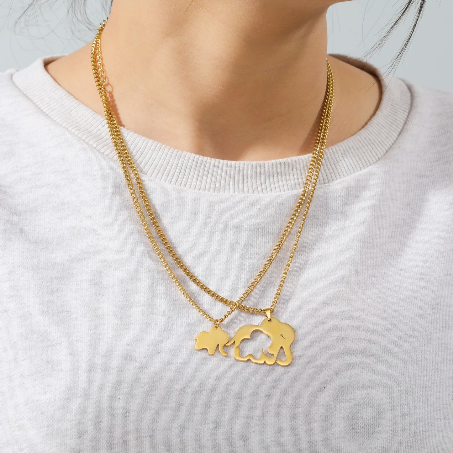 Elephant Family Pendant Stainless Steel Necklace Gold Color