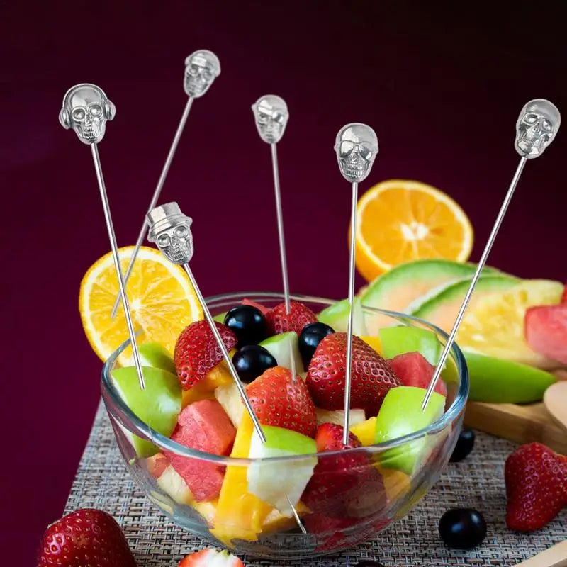 Skull Garnish Skewer Silver Fruit Stainless Steel Reusable