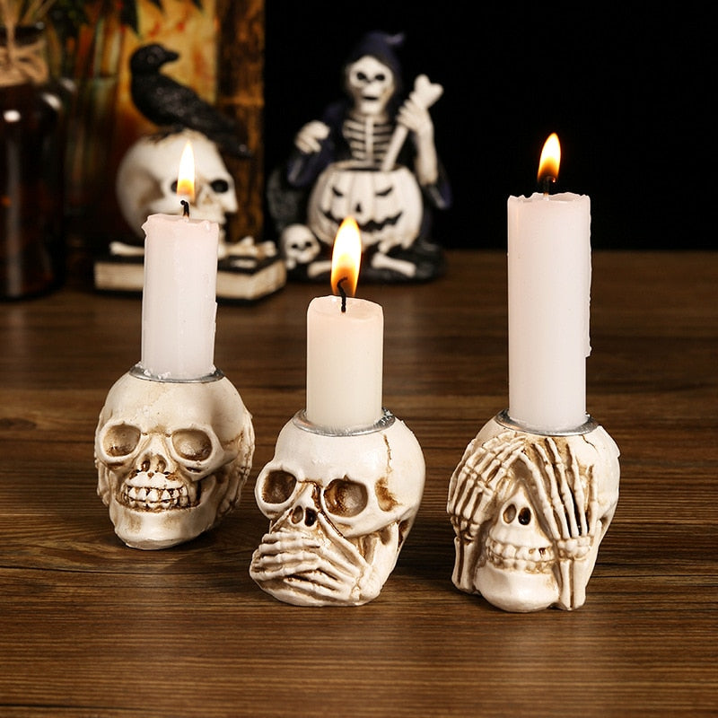Halloween Skull Head Figurines Resin Candle Holder
