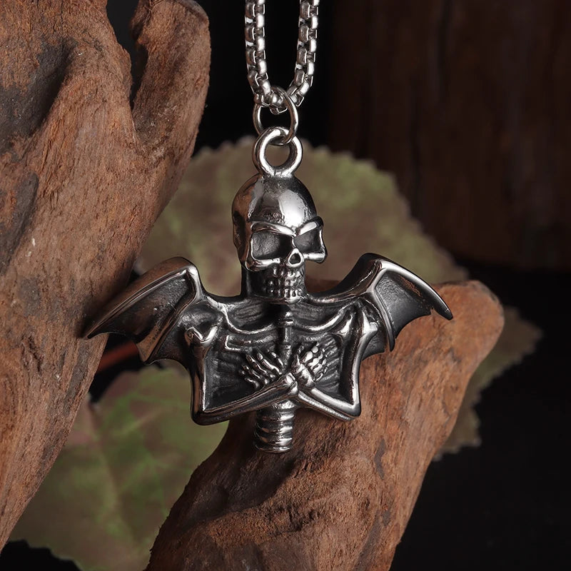 Skull Gothic Bat  Wings Pendant Necklace
