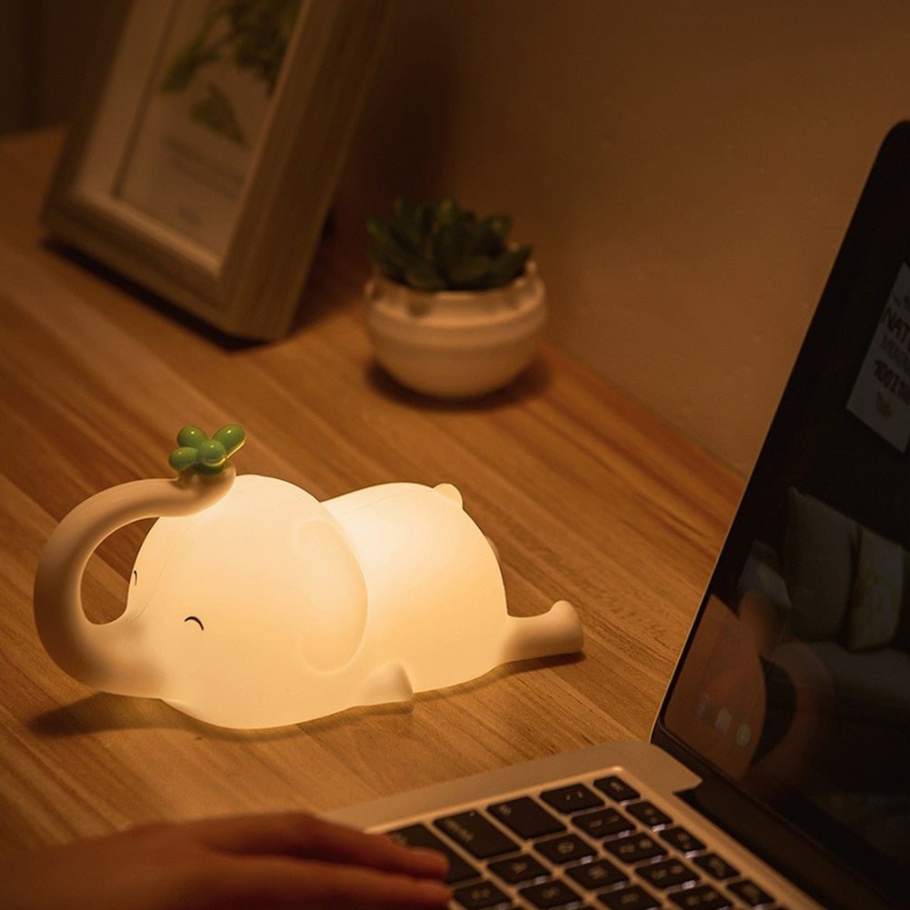 Cute Elephant Night Light Silicone Touch Dimmable Timing USB Rechargeable