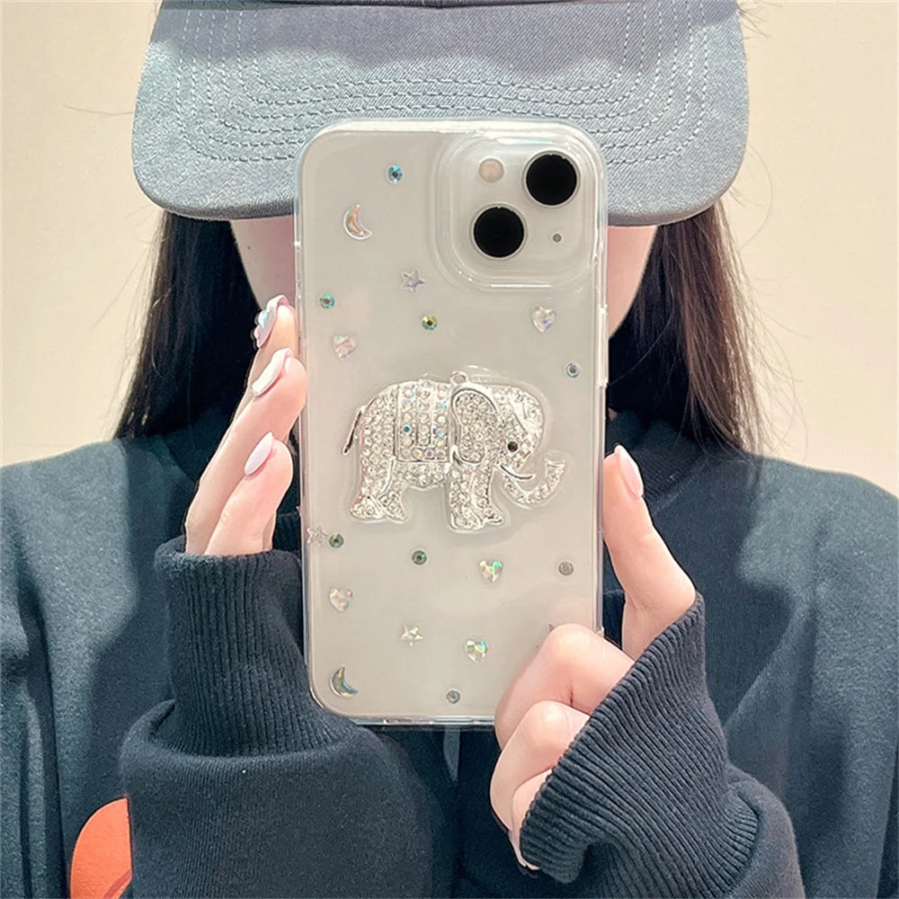 Elephant Diamond Glitter Clear Phone Case For iPhone Lens Protection