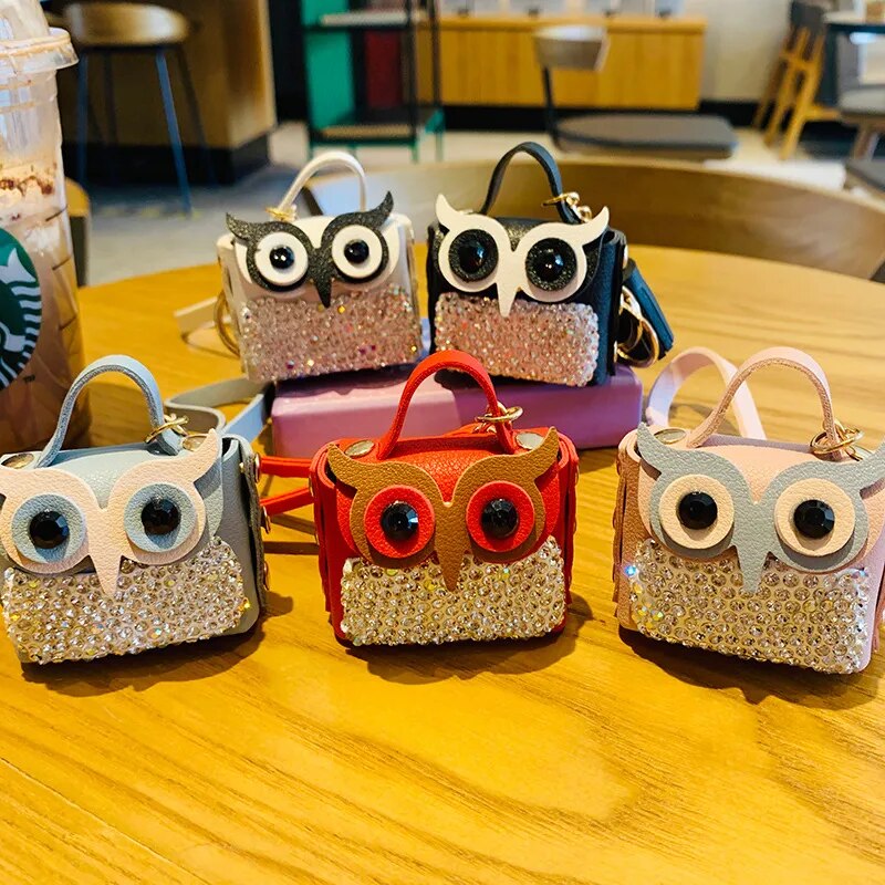 Owl Mini Wallet Rhinestone PU Leather Keychain