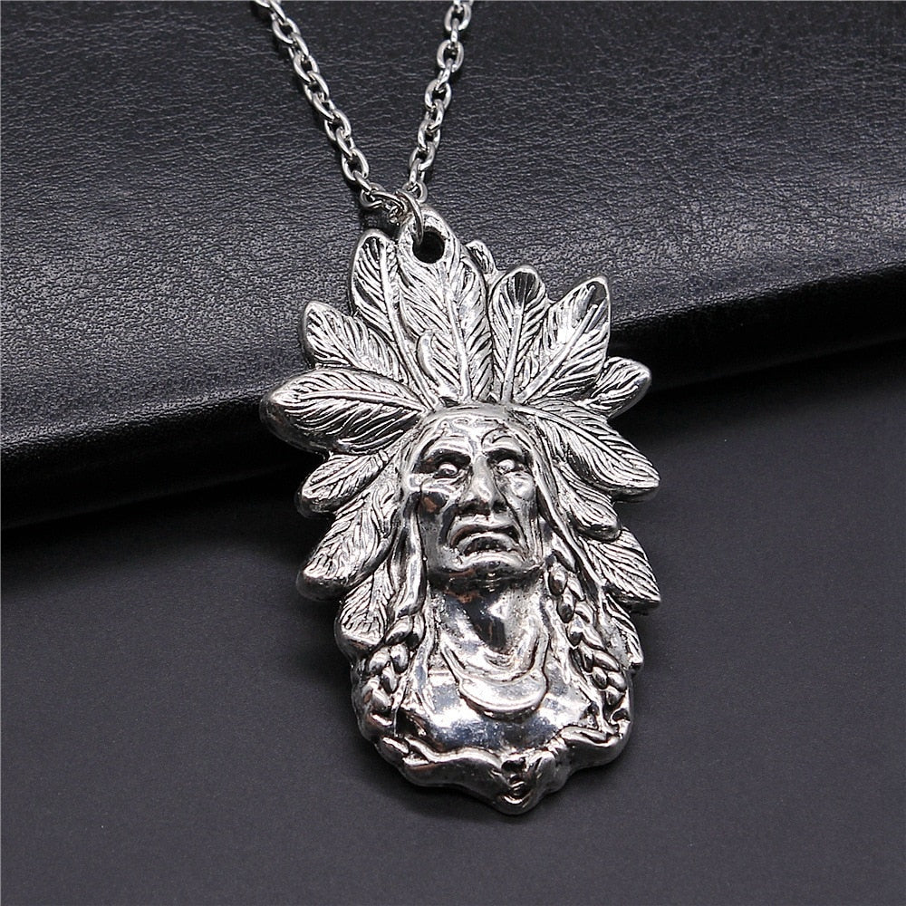 Native Antique Silver Indian Chief Pendant Necklace