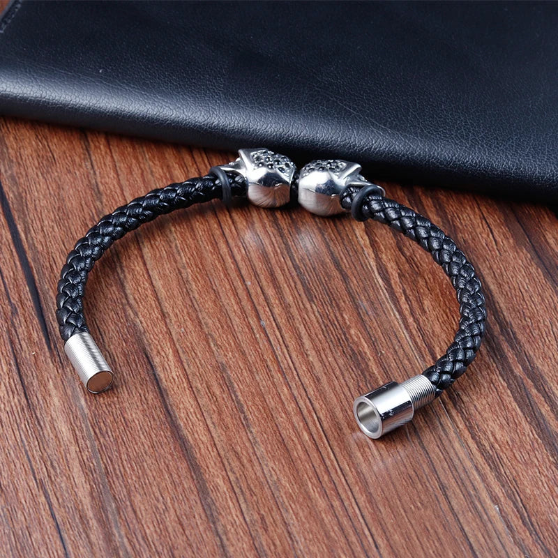 Skull Bracelet Stainless Steel Black Leather
