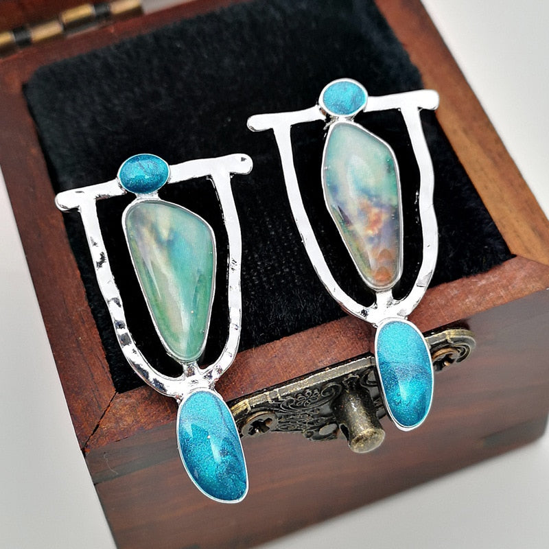 Native Dangle Drop Earrings Resin Stone Boho