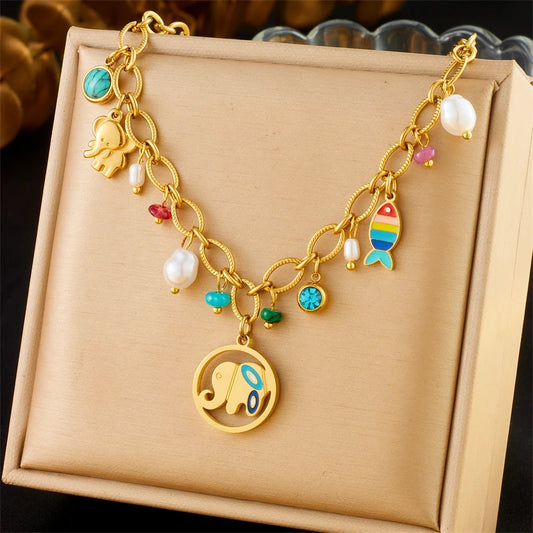 Elephant Pendant Necklace Stainless Steel Turquoise