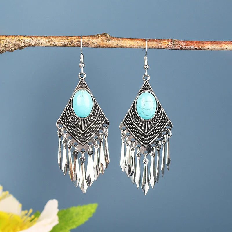 Native Turquoise Long Tassel Earrings Alloy