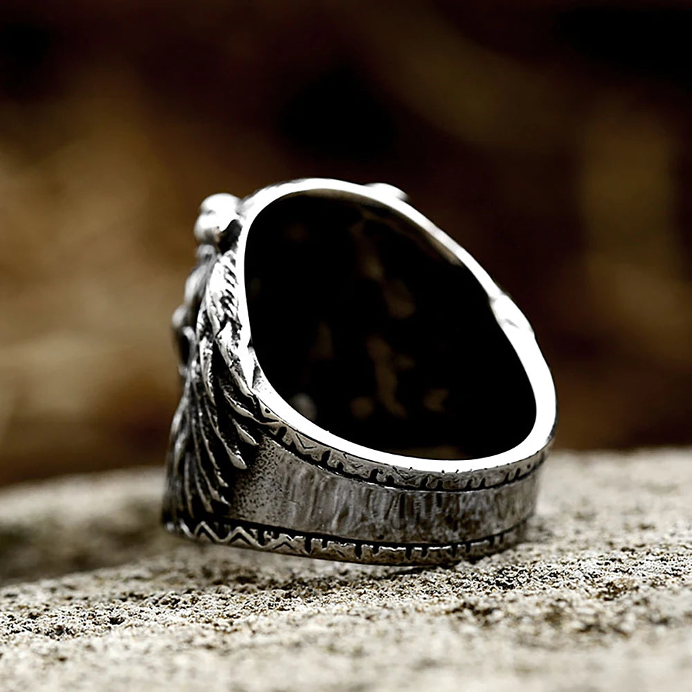 Native Warrior Wolf Ring Stainless Steel With Blue Stone