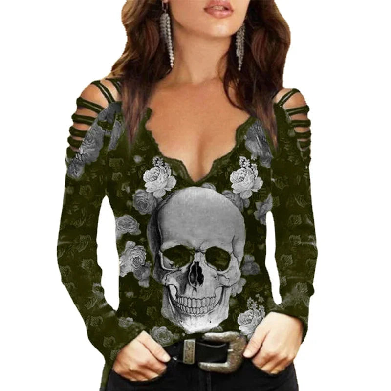 Skull T-Shirt V-Neck Off Shoulder Printed