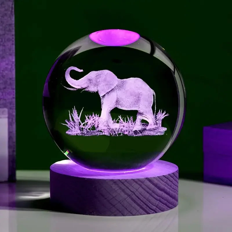 Elephant 3D Laser Carved Crystal Ball With LED Color Lamp Holder