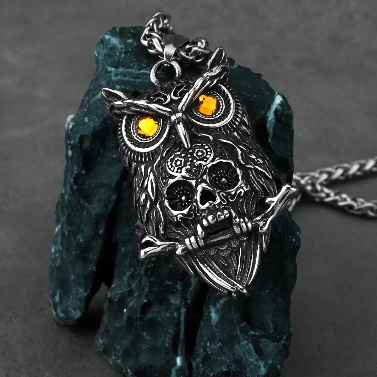 Owl Skull Pendant Necklace Stainless Steel