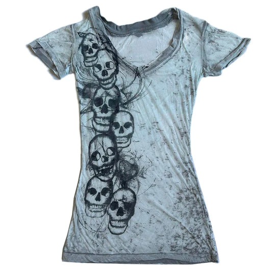 Skull Print T-shirt Slim Fit Tees V-Neck