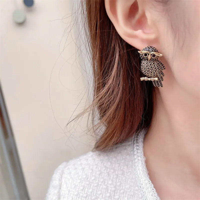 Owl Earrings S925 Silver Shiny Zircon