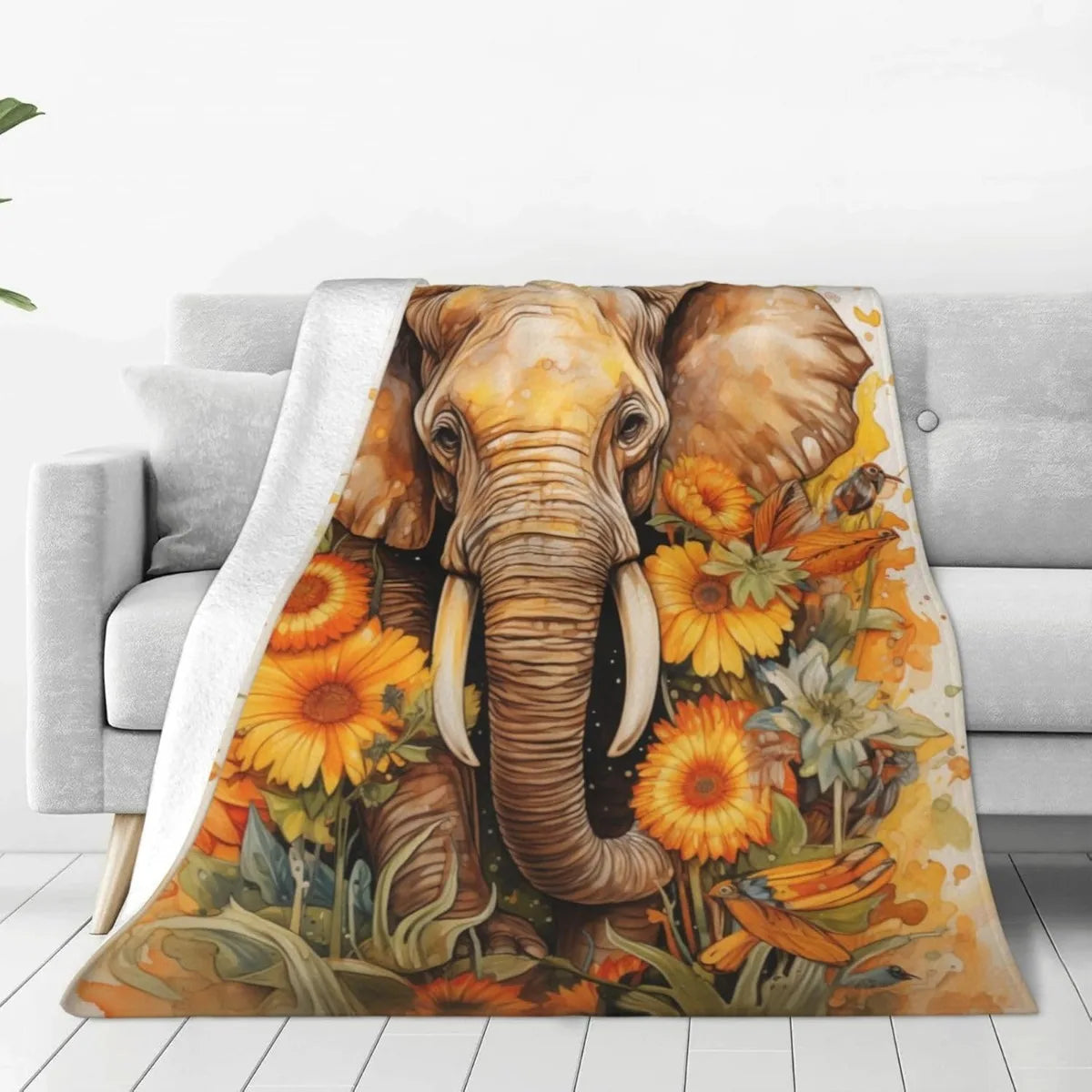 Elephant Sunflower Blanket Sherpa Fleece Flannel Throw