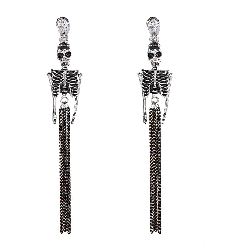 Skull Dangle Clip Earrings Long Exaggerated
