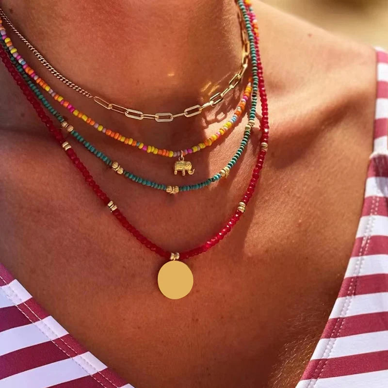 Elephant Pendant Bohemian Multilayer Colorful Beads Chain Necklaces