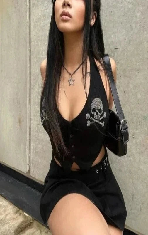 Skull Rhinestone Camisole Halter Tops