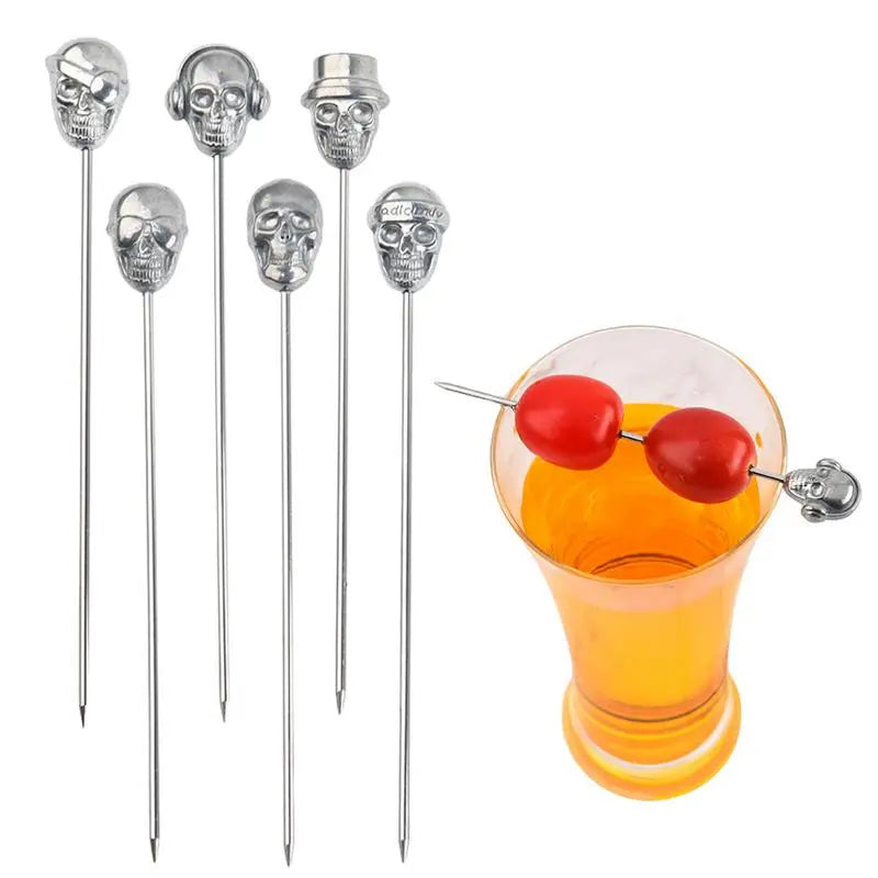 Skull Garnish Skewer Silver Fruit Stainless Steel Reusable