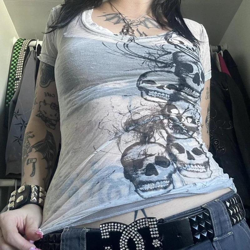 Skull Print T-shirt Slim Fit Tees V-Neck