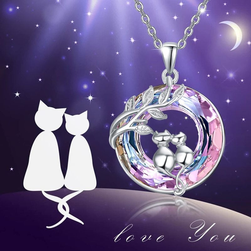 Crystal Cat Couple Pendant Necklace
