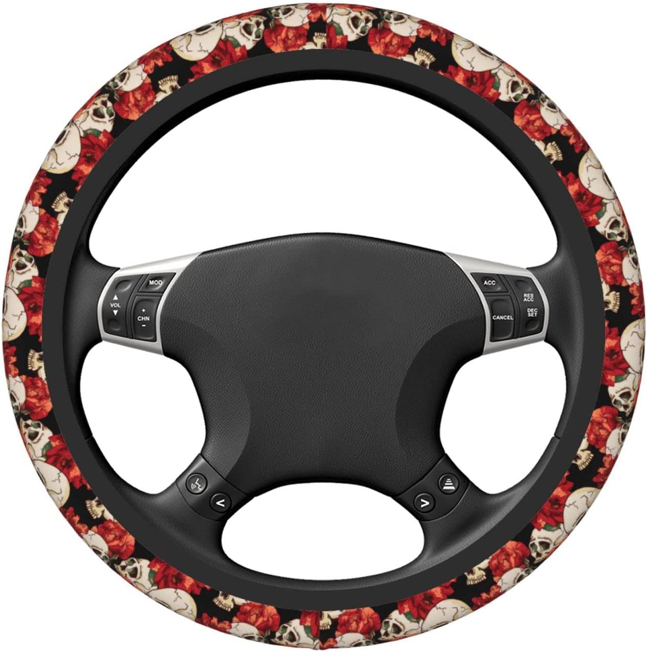 Skull Red Flower Steering Wheel Cover 15 Inches