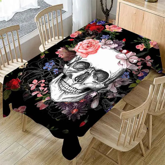 Skull Flower Print Waterproof Table Cloth