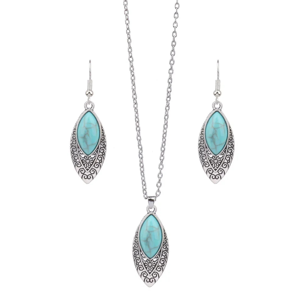 Native Turquoise Necklace Earring Silver Plated Carved