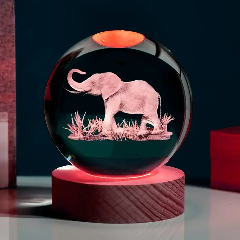 Elephant 3D Laser Carved Crystal Ball With LED Color Lamp Holder