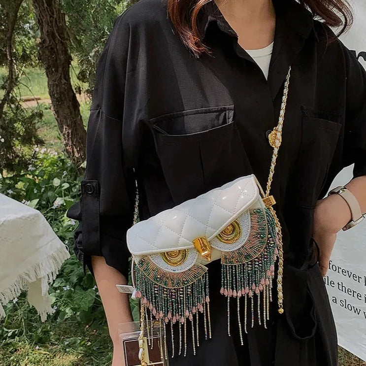 Cute Owl  Crossbody Tassel Bag Leather