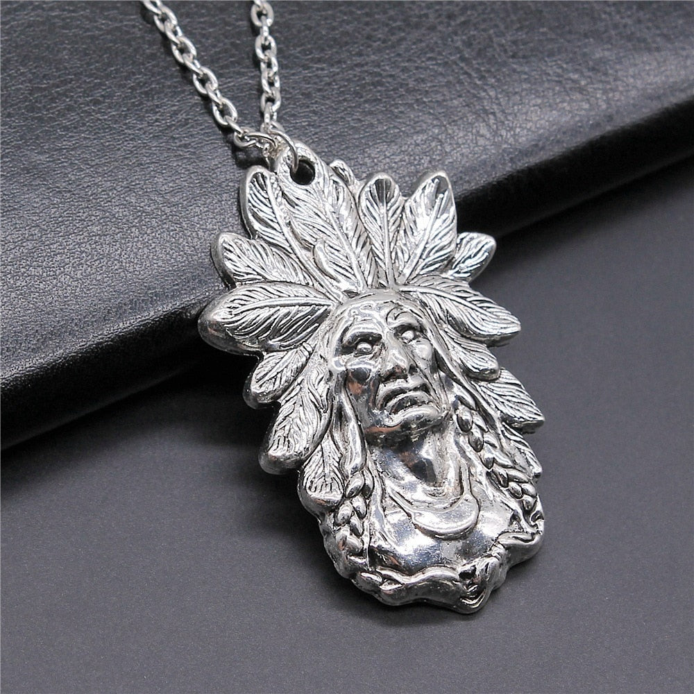 Native Antique Silver Indian Chief Pendant Necklace