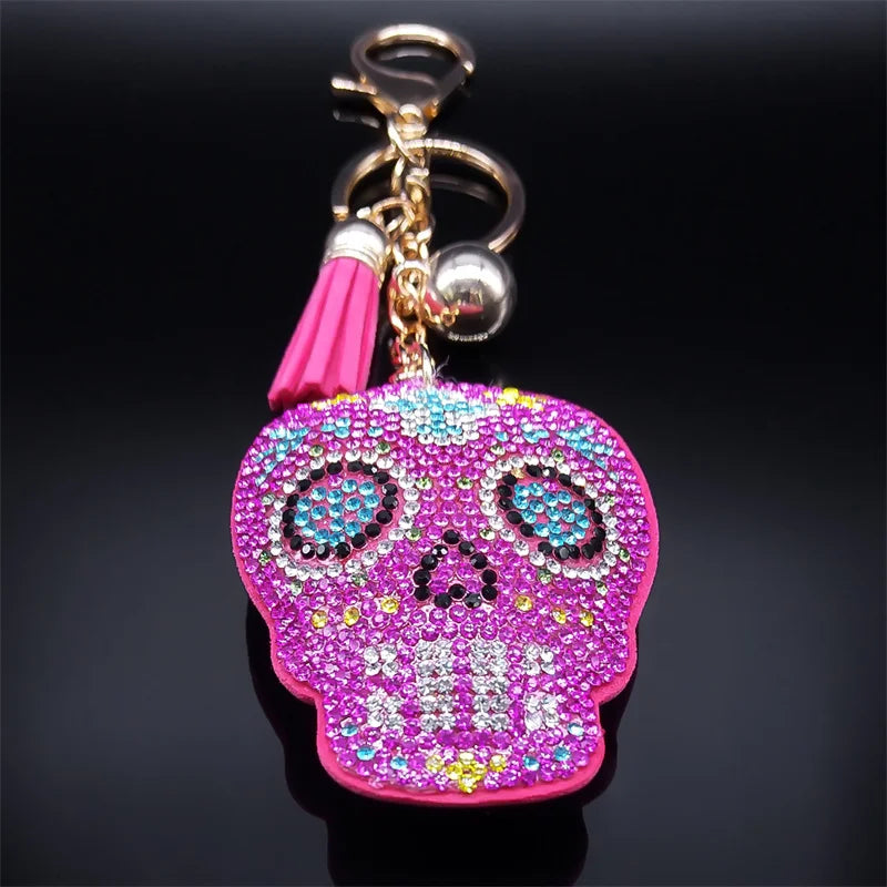 Skull Pink Crystal Key Chain With Tassel Bell Key Holder