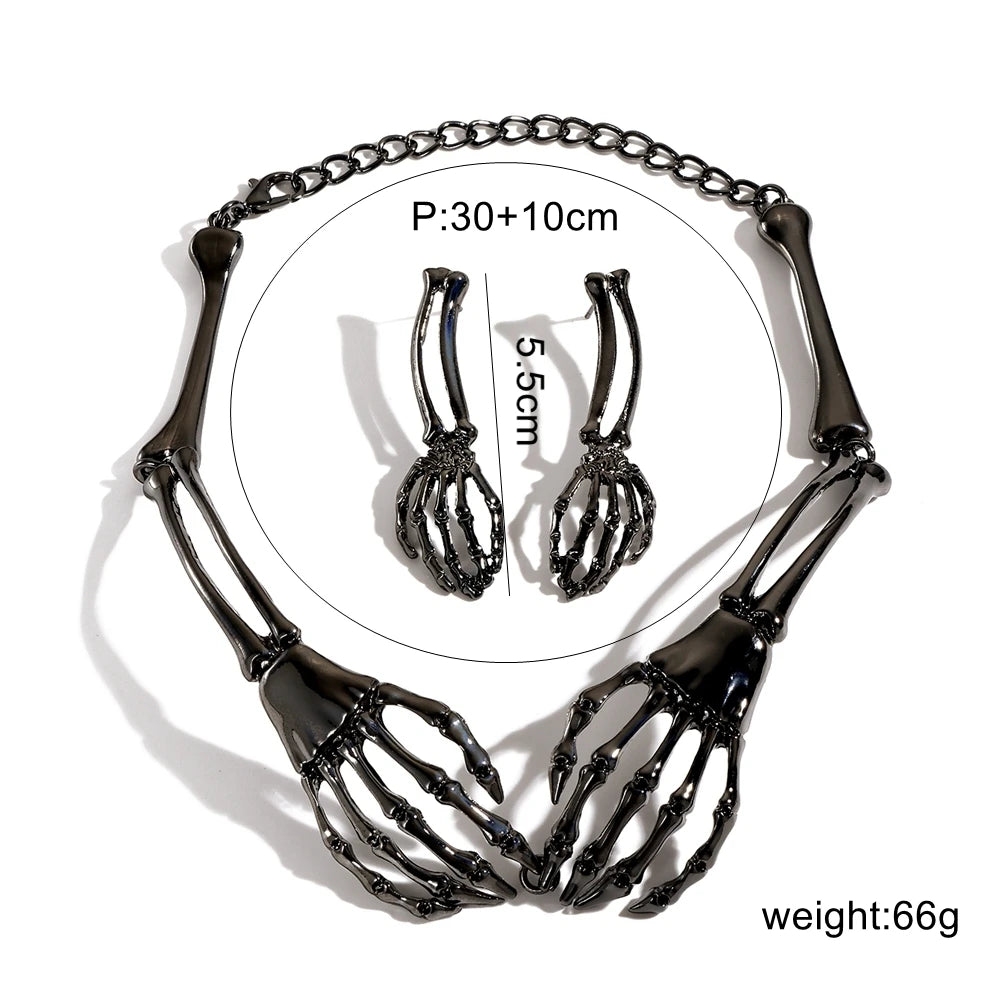 Skull Gothic Metal Retro Hand Neck Chain Necklace And Earring Set