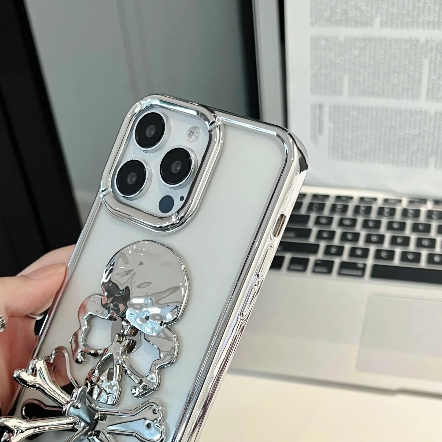 Skull Head Fold Bracket Cover Funds Plating Soft Transparent Phone Case