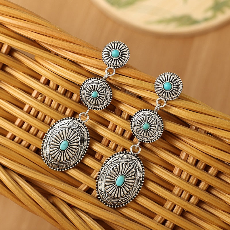 Native Stamped Long Earrings with Turquoise Stone Accent
