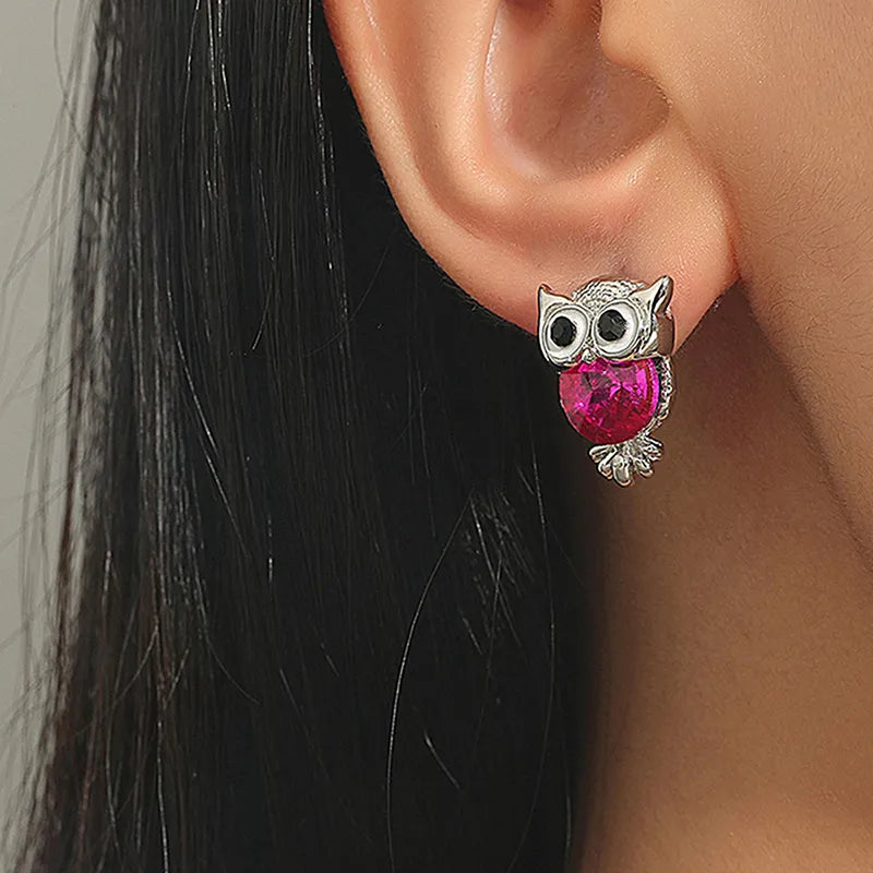 Owl Stud Earrings Silver Crystal Rhinestone