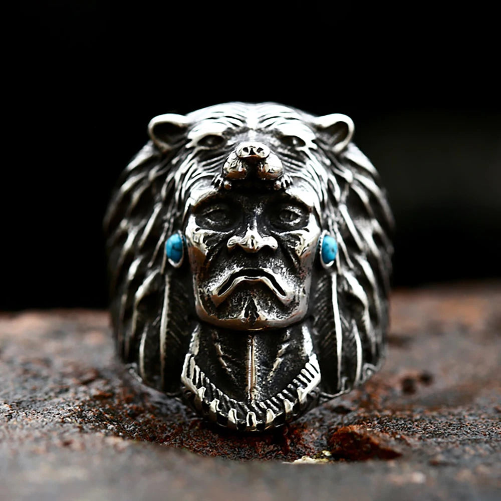Native Warrior Wolf Ring Stainless Steel With Blue Stone